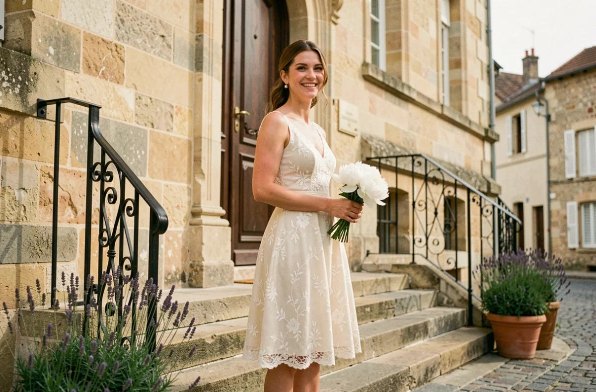 Femme en robe de mariée courte en dentelle ivoire devant une mairie en pierre, bouquet de pivoines blanches à la main, style champêtre et élégant petit budget