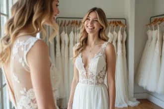 Jeune femme heureuse en robe de mariage élégante dans une boutique
