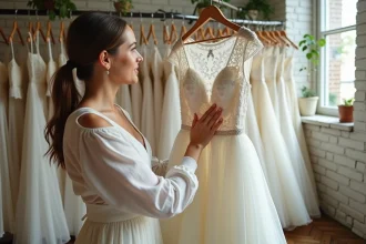 Femme examinant une robe de mariée ivoire d'occasion dans une boutique de robes de mariée seconde main