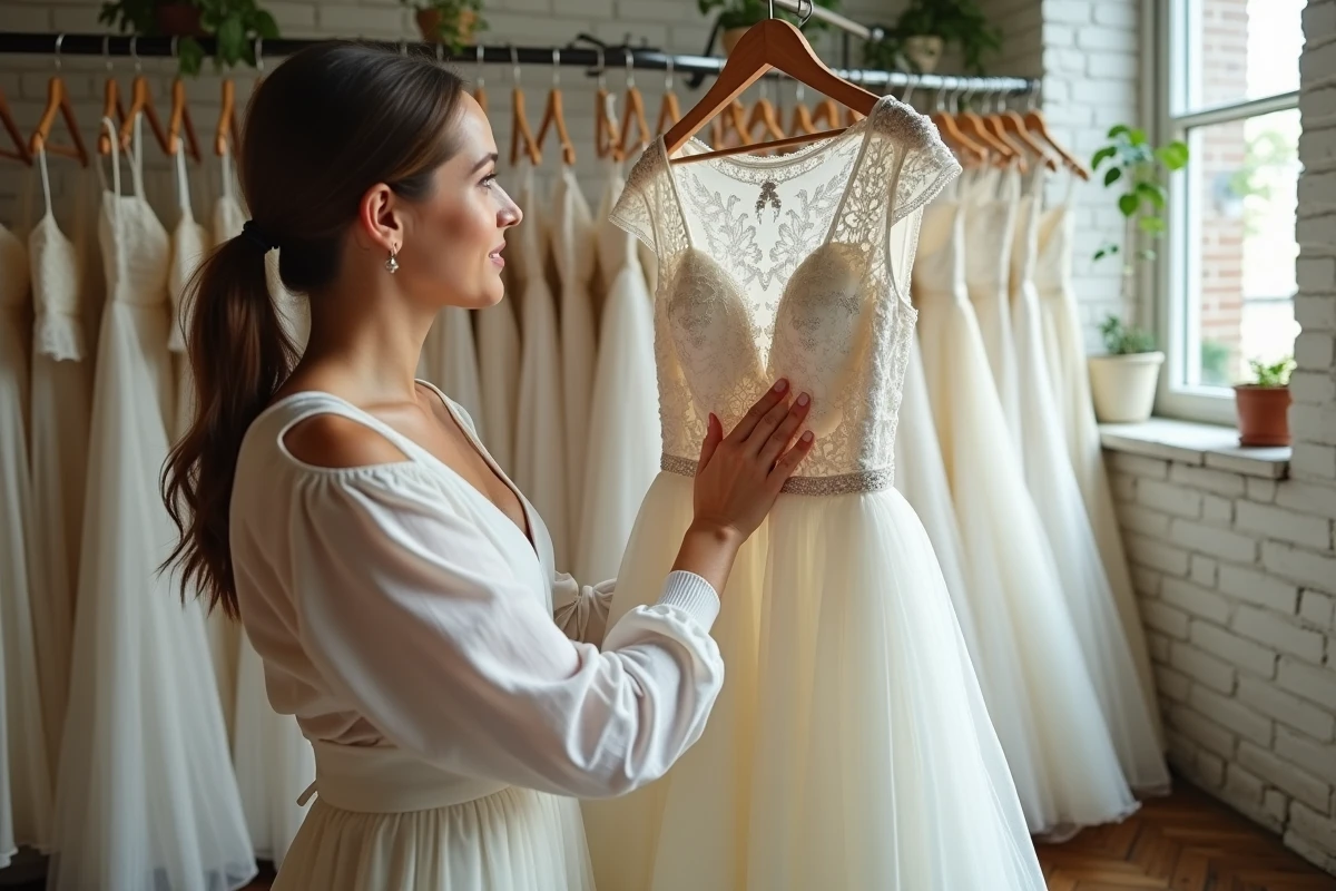 Femme examinant une robe de mariée ivoire d'occasion dans une boutique de robes de mariée seconde main