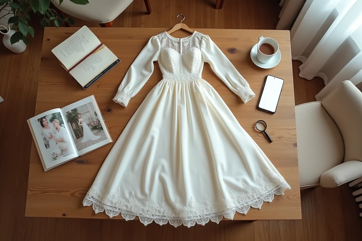 Robe de mariée ivoire vintage posée sur une table avec des notes d'achat seconde main et une application de revente en ligne