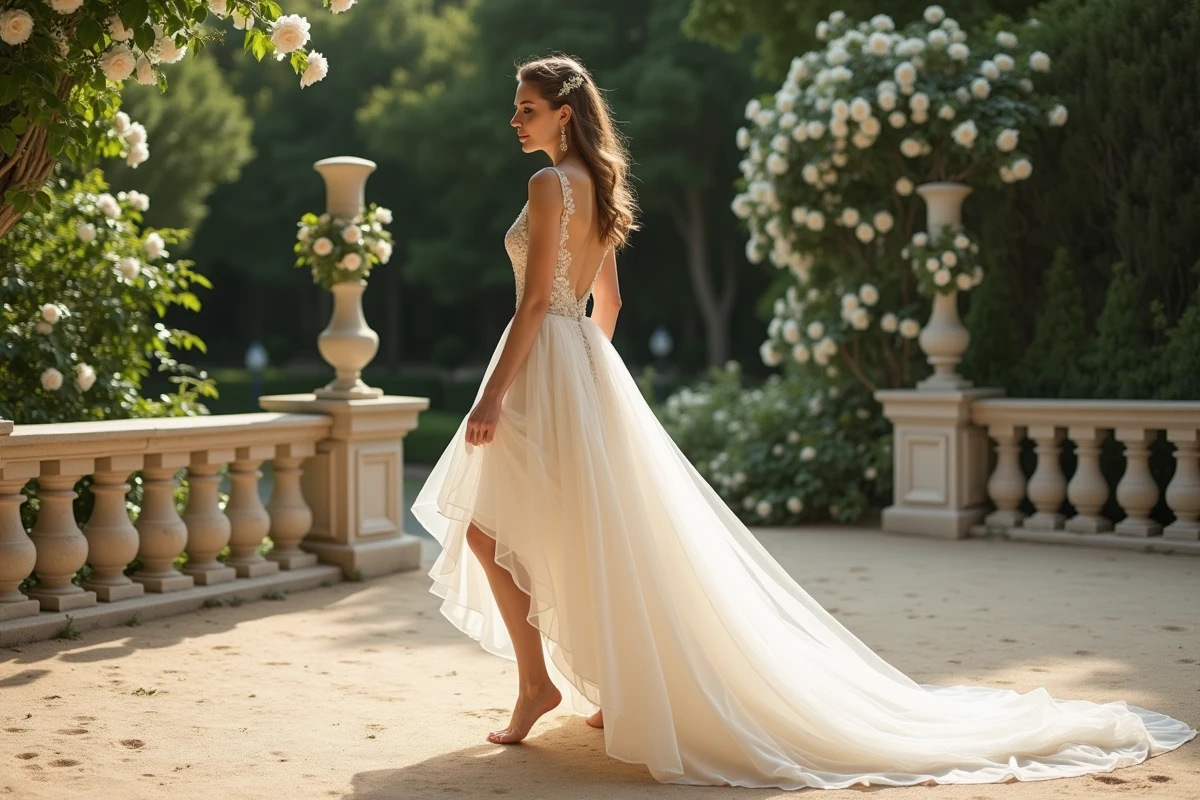 Mariée en robe asymétrique courte devant et longue derrière en mousseline marchant sur une terrasse de jardin fleuri