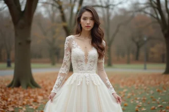 Mariée en robe de dentelle ivoire à manches longues dans un jardin d'automne aux feuilles dorées, illustrant l'influence de la saison hivernale sur le choix de robe de mariée