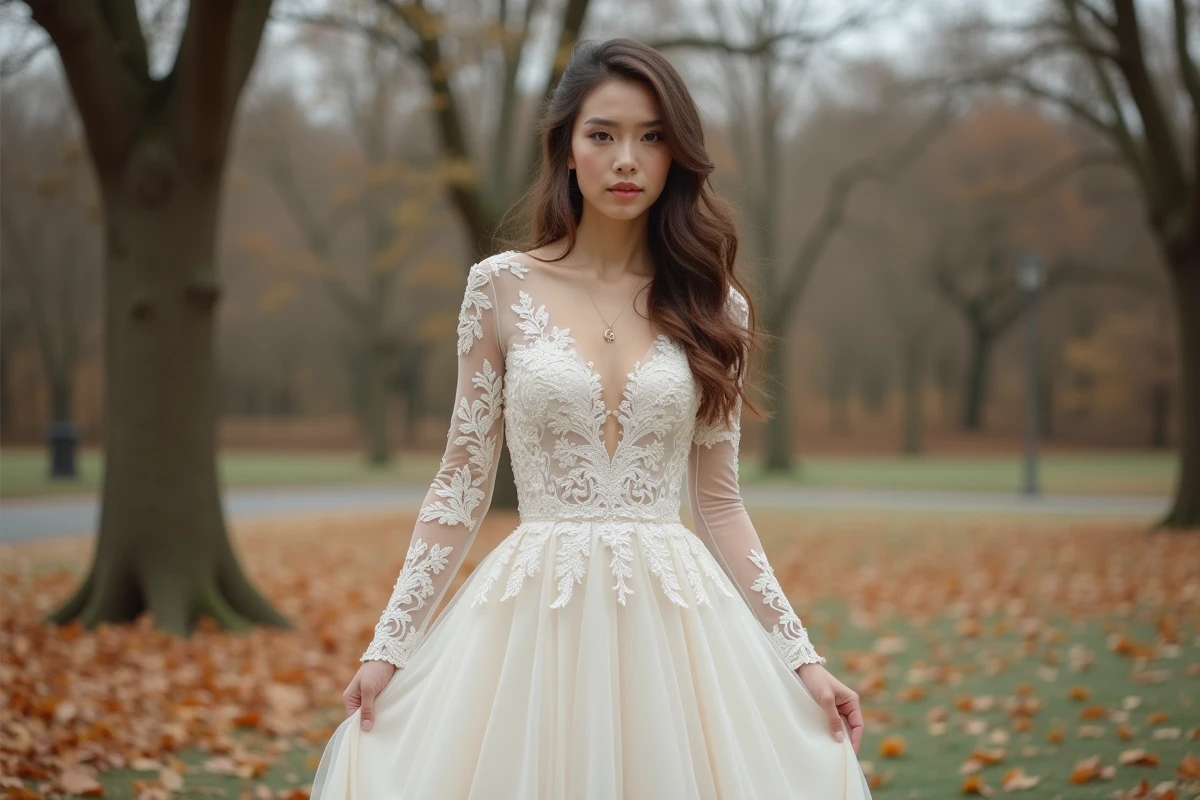 Mariée en robe de dentelle ivoire à manches longues dans un jardin d'automne aux feuilles dorées, illustrant l'influence de la saison hivernale sur le choix de robe de mariée