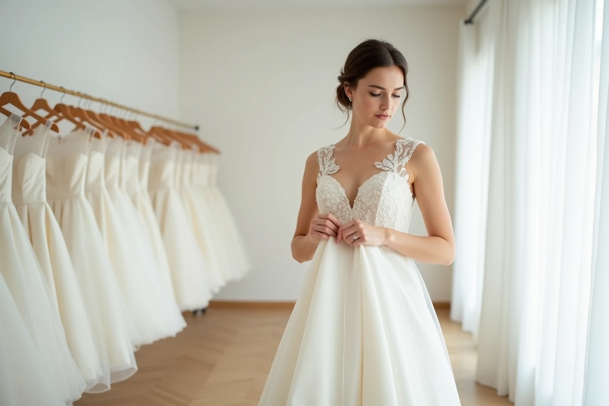Jeune femme essayant une robe de mariée blanche en dentelle dans une boutique élégante et minimaliste