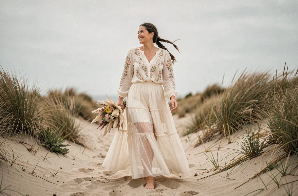 Robe de mariée deux pièces bohème avec blouse en chiffon brodé et jupe en tulle feuilletée sur chemin côtier