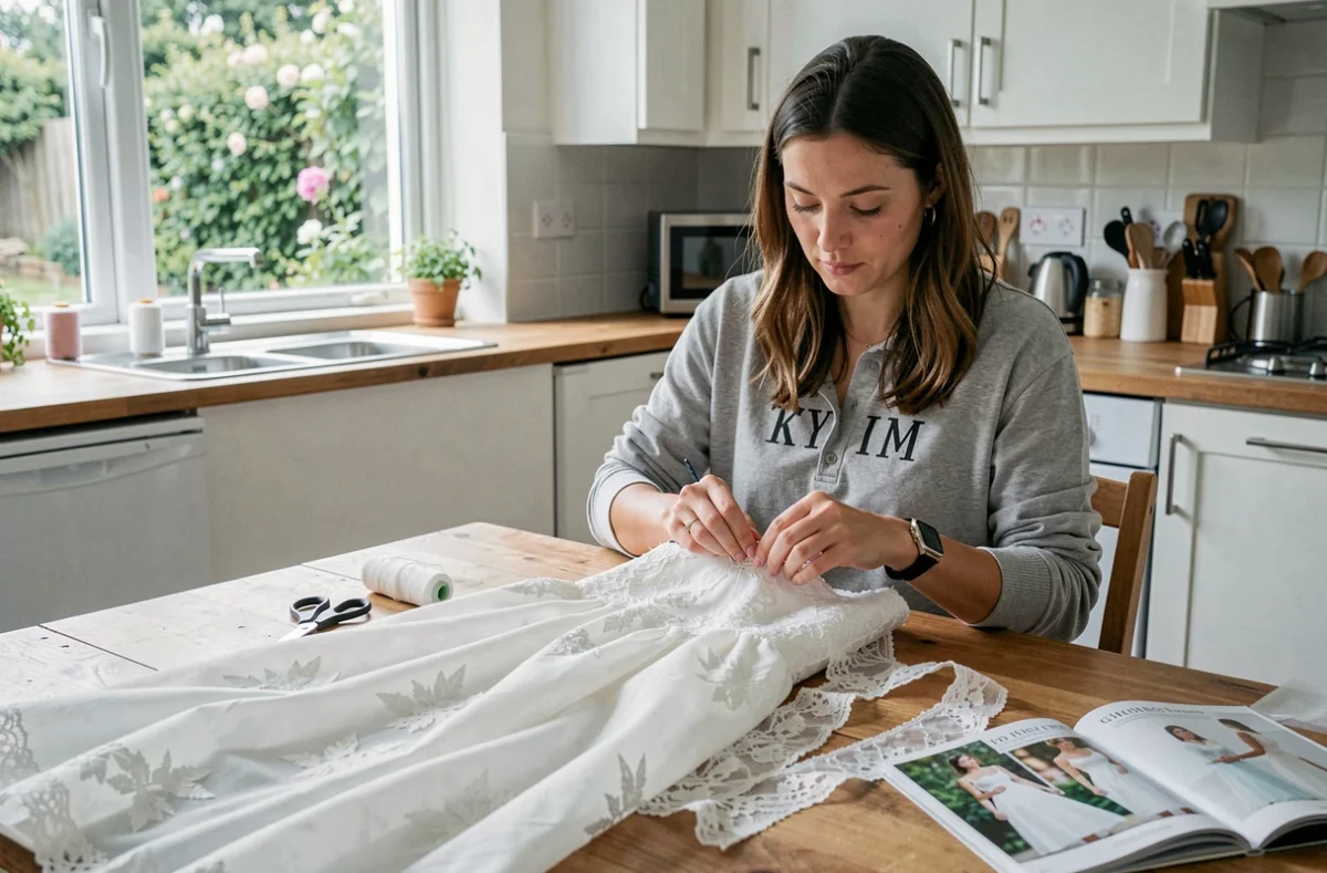 Femme retouchant elle-même une robe de mariée d'occasion à la maison pour réduire le budget mariage