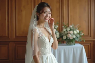 Mariée en robe de mariée ivoire en dentelle lors d'une cérémonie civile en mairie, sourire naturel et voile minimaliste