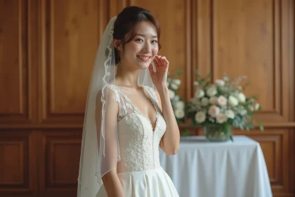 Mariée en robe de mariée ivoire en dentelle lors d'une cérémonie civile en mairie, sourire naturel et voile minimaliste