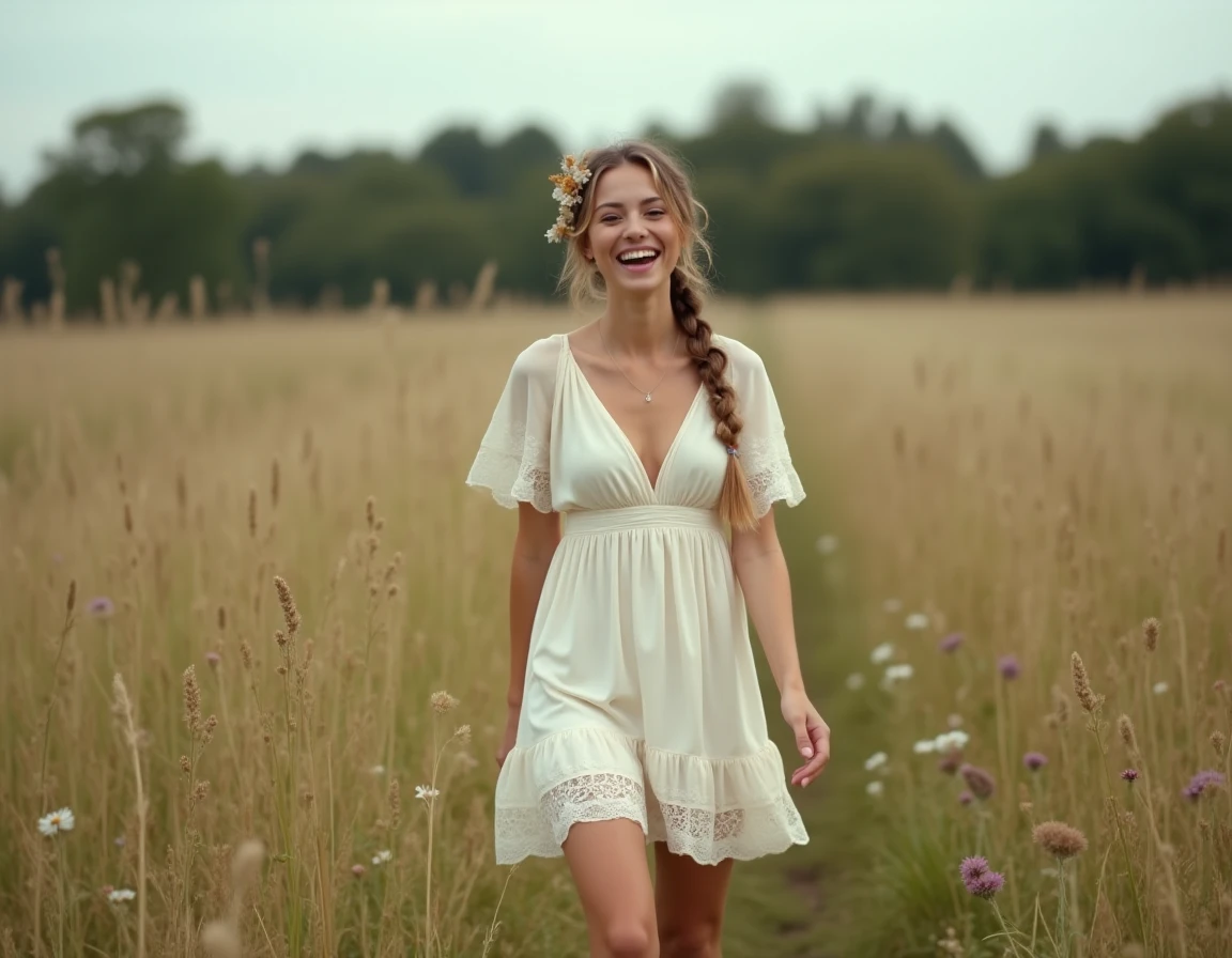 Mariée en robe courte bohème en soie ivoire marchant pieds nus dans une prairie fleurie, style naturel et intemporel