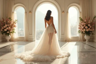 Mariée portant une robe courte devant longue derrière en dentelle sur un sol en marbre dans une salle de réception élégante