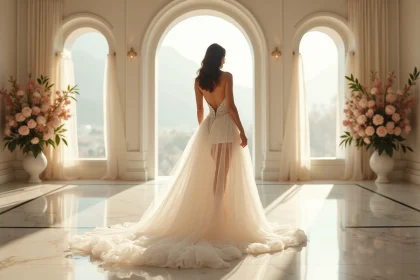 Mariée portant une robe courte devant longue derrière en dentelle sur un sol en marbre dans une salle de réception élégante