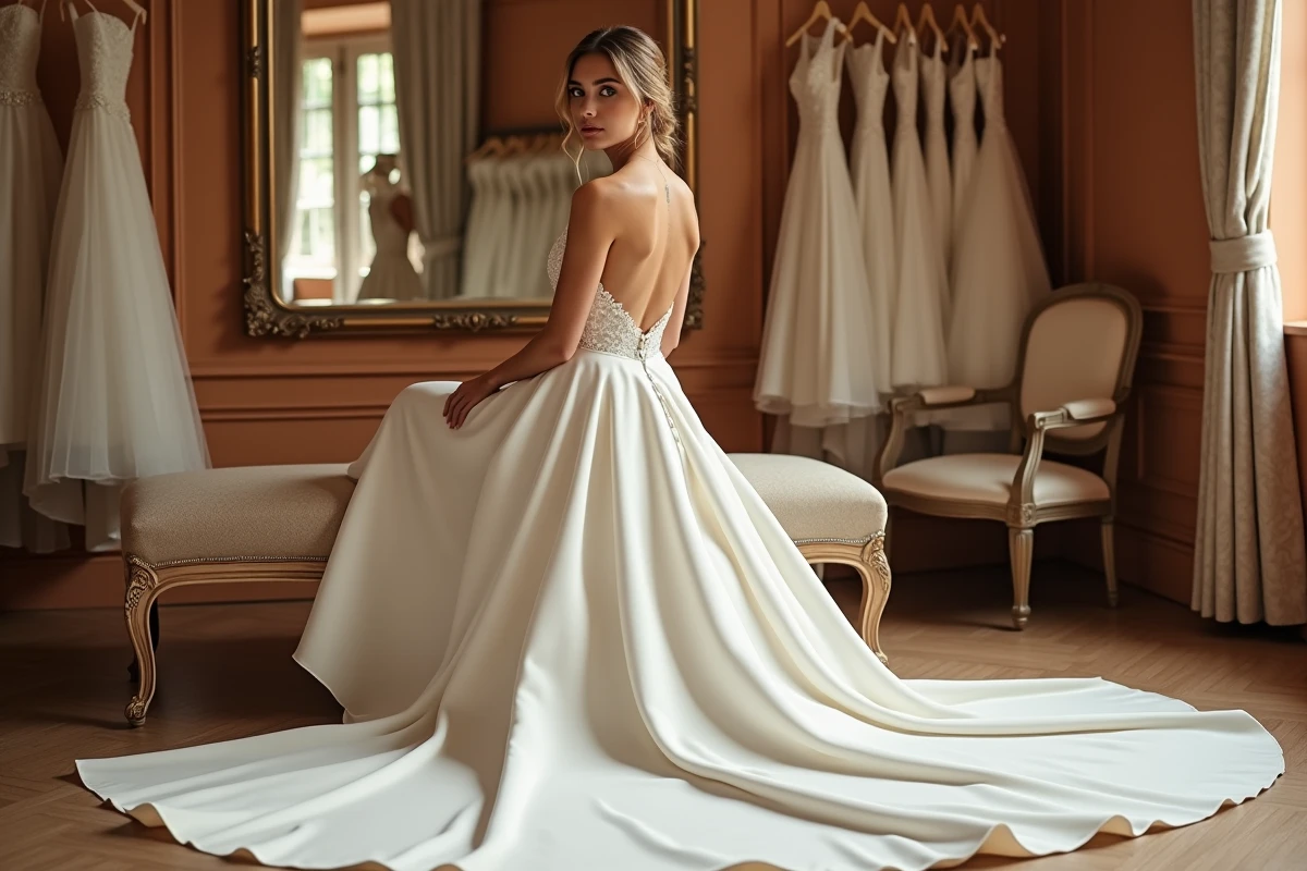 Mariée assise en robe courte devant longue derrière en mikado ivoire dans une cabine d'essayage de boutique de mariage