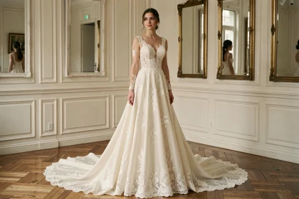 Robe de mariée en dentelle ivoire avec traîne dans une boutique parisienne élégante