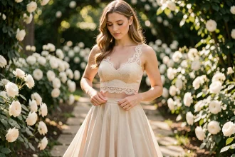 Robe de mariée deux pièces avec top en dentelle et jupe en organza dans un jardin fleuri