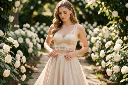 Robe de mariée deux pièces avec top en dentelle et jupe en organza dans un jardin fleuri