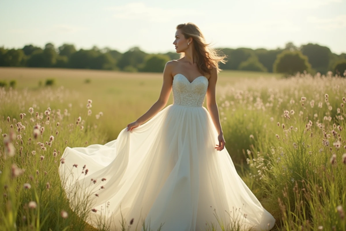 Mariée en robe de tulle bustier dans une prairie fleurie en été, montrant comment la saison estivale influence le style et le prix de la robe de mariée