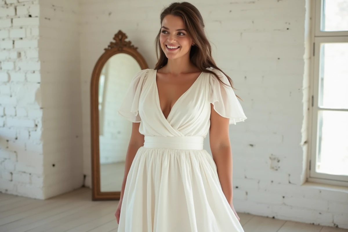 Femme ronde en robe de mariée fluide en mousseline blanche dans un atelier lumineux avec miroir vintage