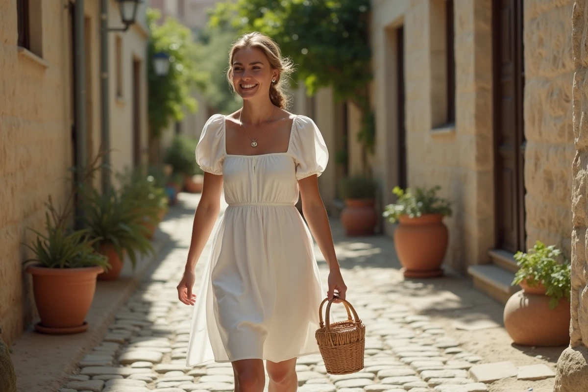 Mari&eacute;e en robe de lin simple marchant dans une ruelle de village fran&ccedil;ais lors d'un mariage intimiste