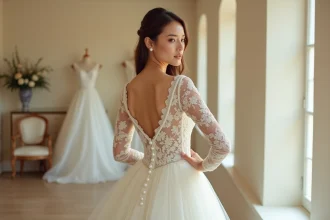 Robe de mariée à manches longues en dentelle avec boutonnage dos dans une boutique de mariage élégante