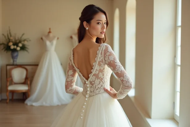 Robe de mariée à manches longues en dentelle avec boutonnage dos dans une boutique de mariage élégante