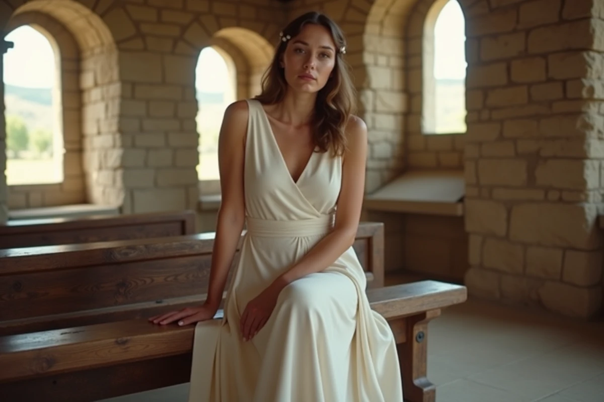 Femme mari&eacute;e en robe cr&ecirc;pe minimaliste assise dans une chapelle de mariage intime