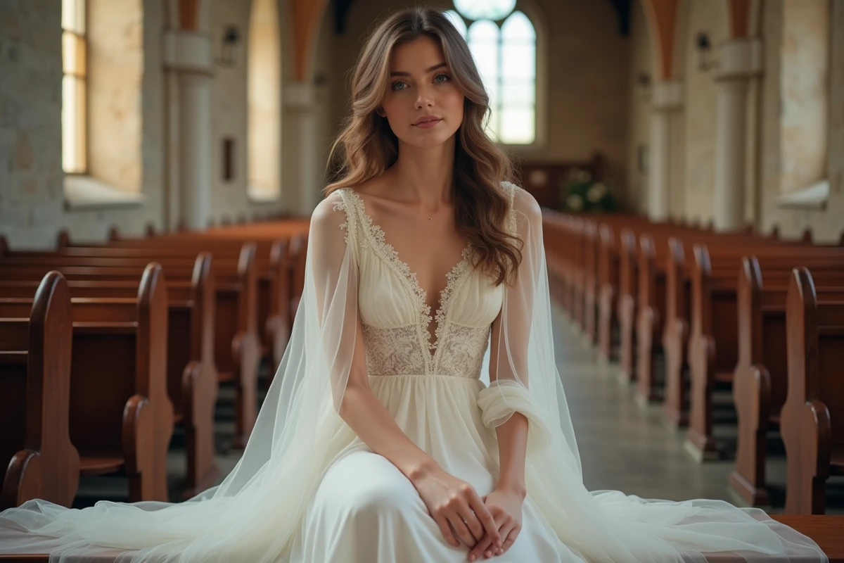Robe de mariée fluide en mousseline avec manches longues portée assise dans une église au cadre rustique