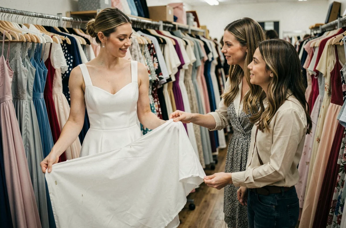Deux amies inspectant une robe de mariée d'occasion dans une friperie pour éviter les erreurs d'achat avec un petit budget