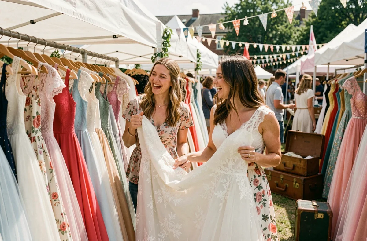 Deux amies cherchant une robe de mariée pas chère dans un marché de robes de mariée d'occasion en plein air