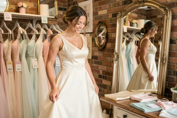Jeune mariée essayant une robe de mariée simple et élégante en satin ivoire dans une boutique de mariage abordable