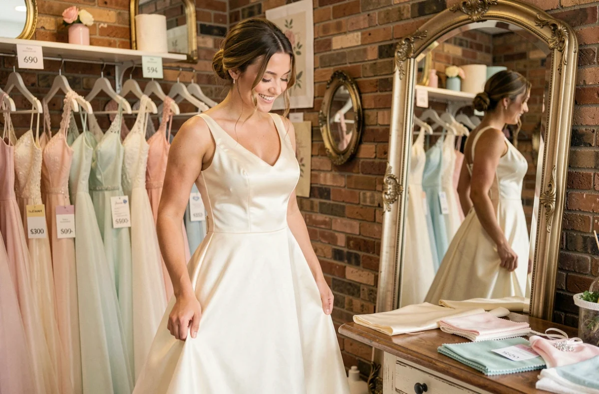 Jeune mariée essayant une robe de mariée simple et élégante en satin ivoire dans une boutique de mariage abordable