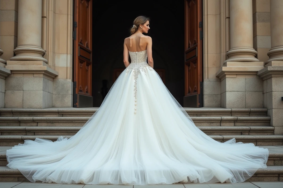 Mariée en grande robe de mariée volumineuse avec traîne cathédrale devant une église en pierre lors d'un mariage religieux