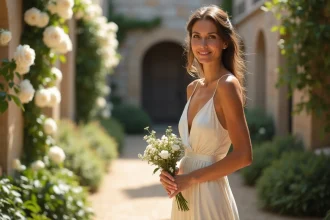 Mariée en robe de satin ivoire simple et chic dans un jardin de mariage intimiste