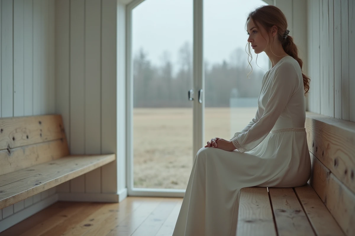 Femme petite et menue en robe de mariée simple en crêpe blanc dans une chapelle nordique épurée