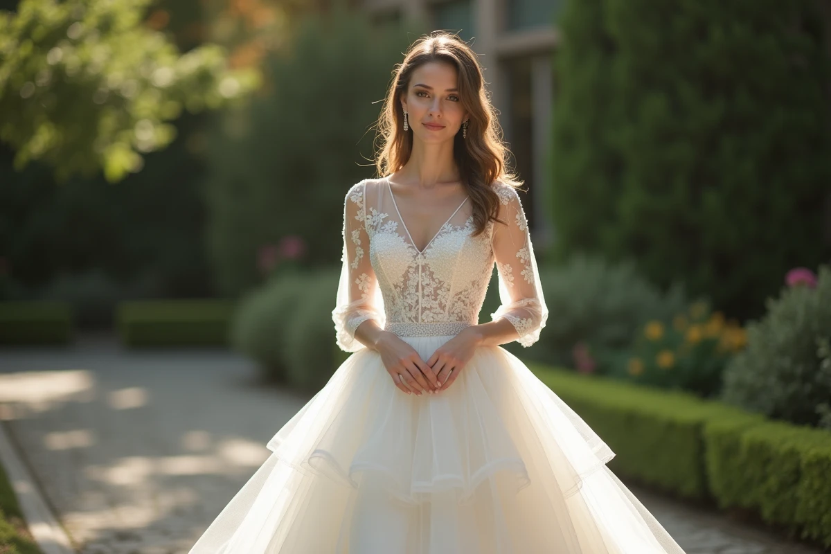 Robe de mariée en tulle avec manches trois-quarts portée en extérieur dans un jardin fleuri