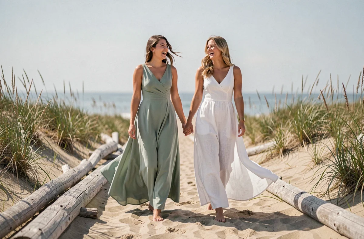 Deux femmes en longues robes légères de soirée et de mariée marchant pieds nus sur la plage lors d'un mariage d'été au bord de la mer