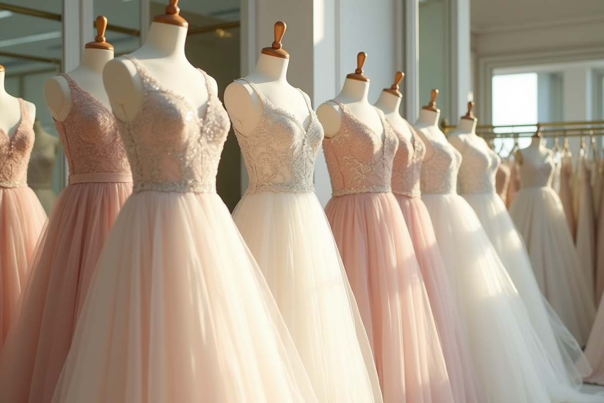 Robes de mariage colorées exposées dans une boutique lumineuse