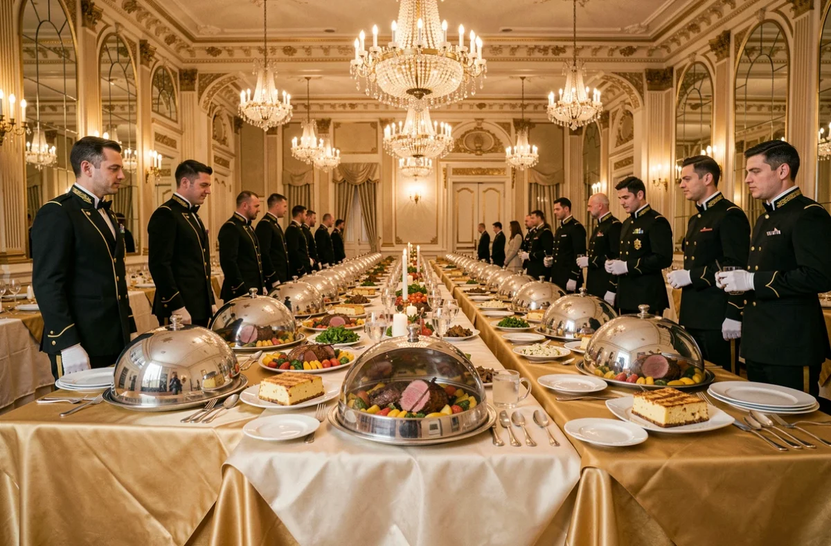 Grande salle de banquet de mariage luxueuse servie par Royal Events Traiteur et Tradition avec service classique