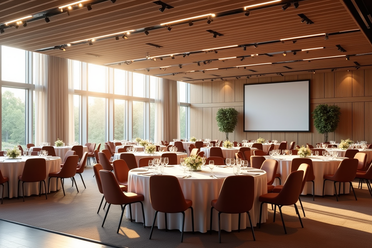 Salle moderne avec tables rondes et grandes fenêtres lumineuses