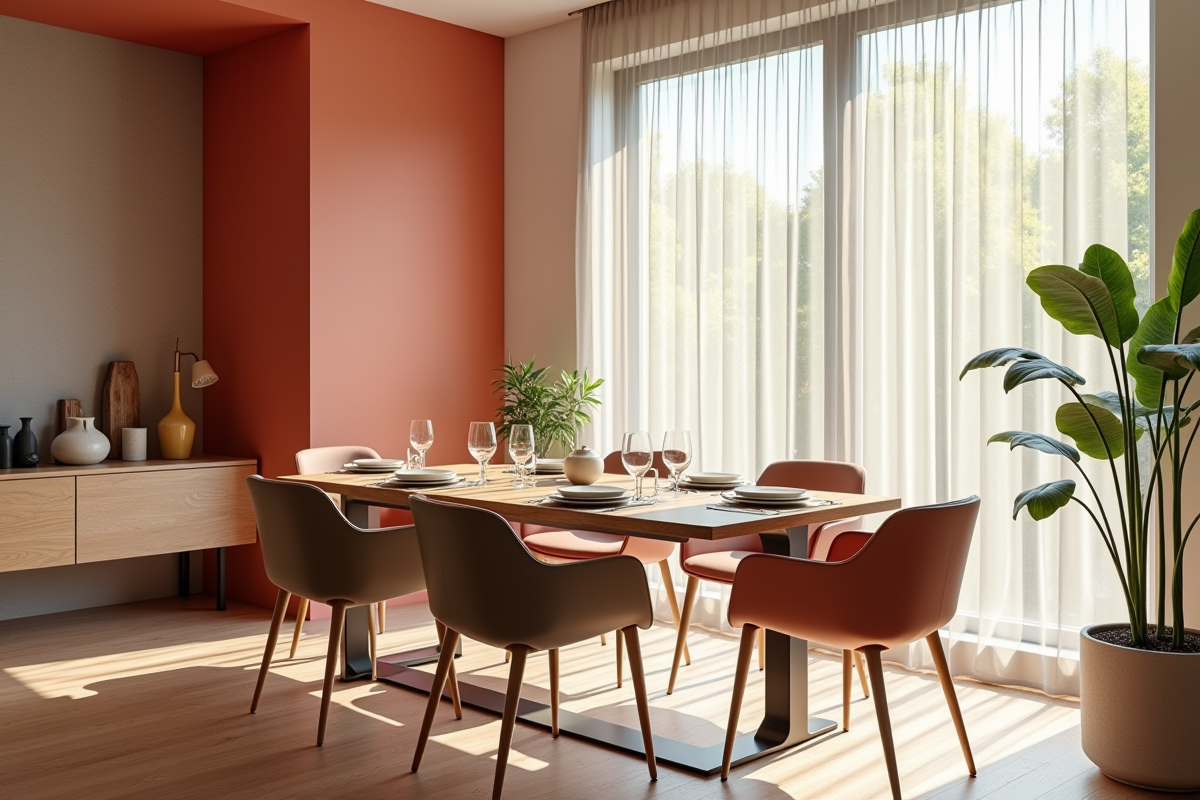 Coin repas avec mur saumon et table élégante lumineuse