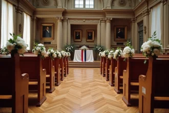 Salle de mariage dans une mairie française avec bancs en bois et écharpe tricolore sur la table cérémonielle