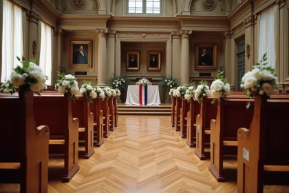 Salle de mariage dans une mairie française avec bancs en bois et écharpe tricolore sur la table cérémonielle