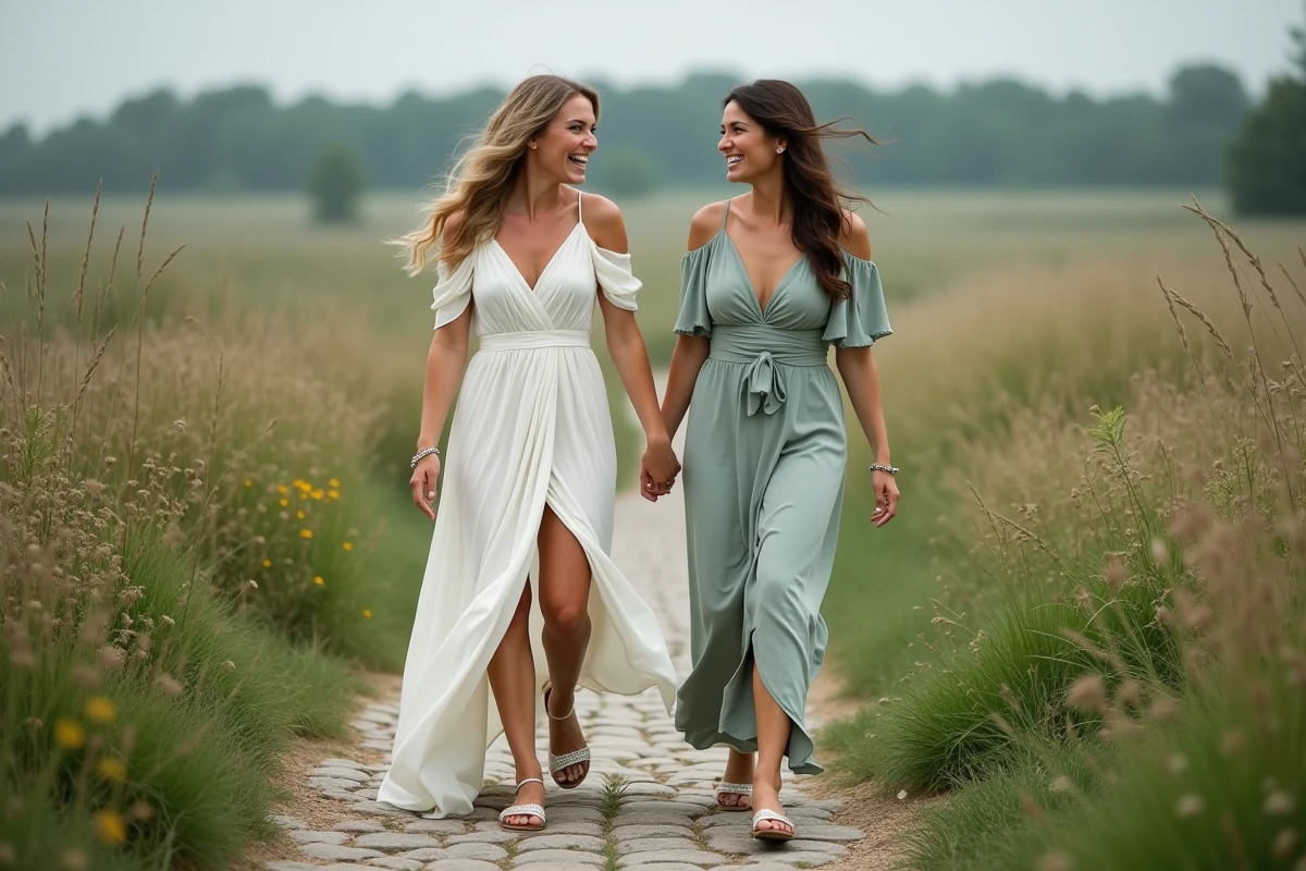 Mariée et demoiselle d'honneur en sandales argentées marchant sur un chemin de pierres dans une prairie sauvage, look bohème lumineux