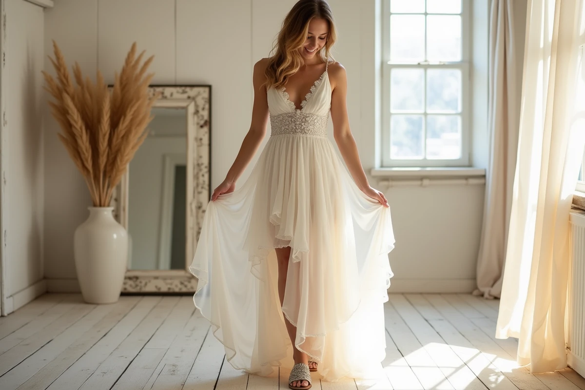Mariée en robe chiffon bohème dans un loft rustique, paire de sandales argentées tissées posées sur un plancher en bois