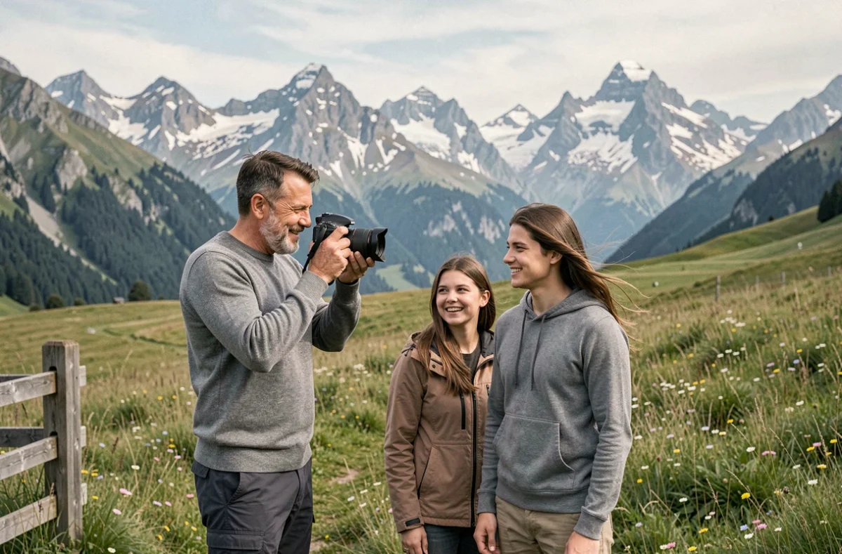 Photographe masculin dirigeant une séance de portraits en plein air dans une prairie alpine près d'Albertville avec les sommets enneigés des Alpes de Savoie en arrière-plan
