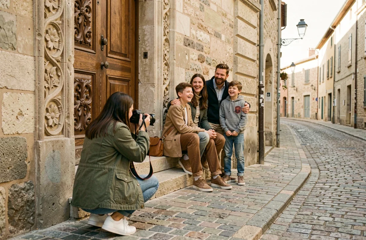 Photographe en extérieur réalisant une séance famille devant un bâtiment historique à Aix-en-Provence