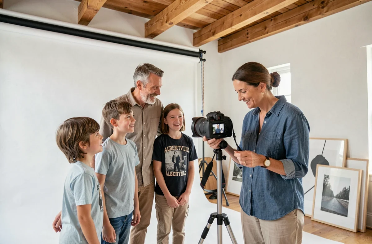 Photographe et famille en séance photo dans un studio professionnel à Albertville avec décor authentique en bois et fond blanc