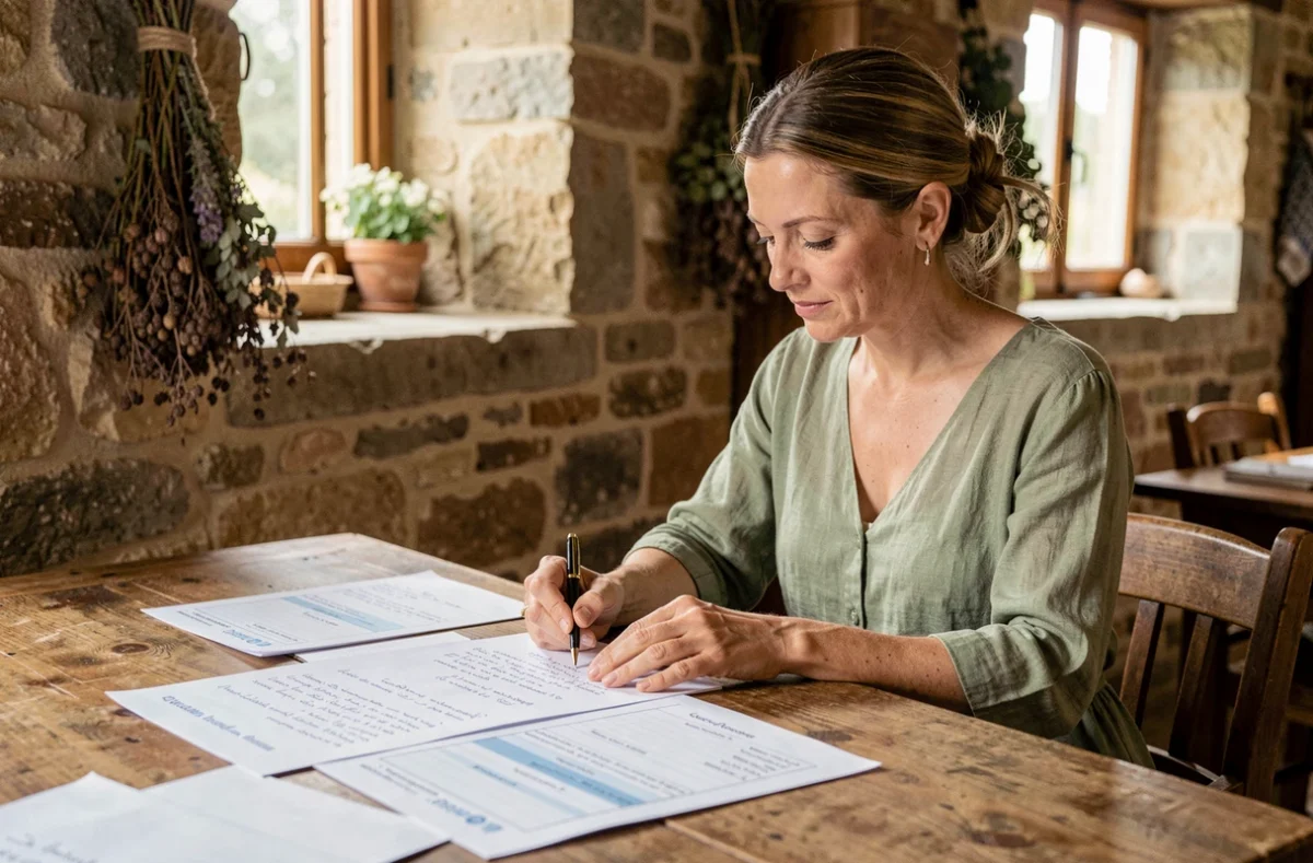 Une wedding planner en Mayenne révise ses notes manuscrites et ses fiches planning sur une table en bois dans un cadre rural en pierre