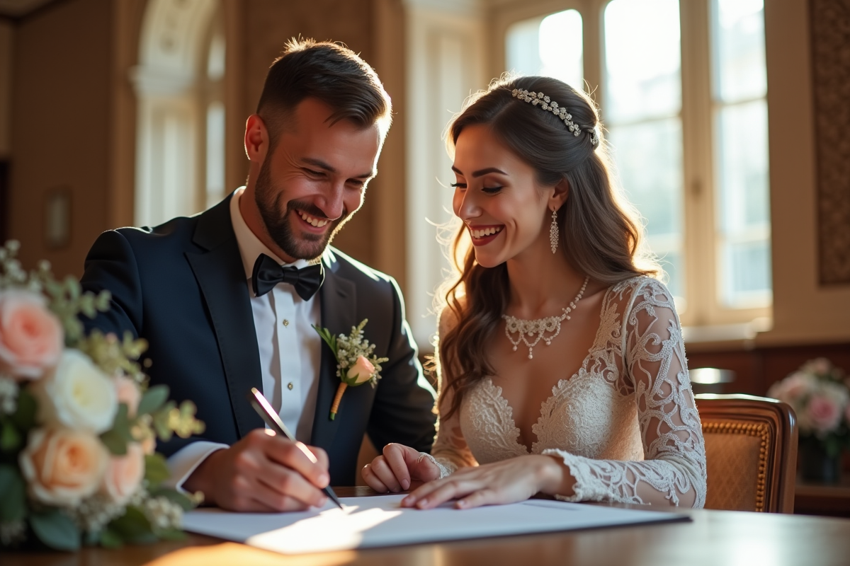 Couple signant leur certificat de mariage à la mairie élégante