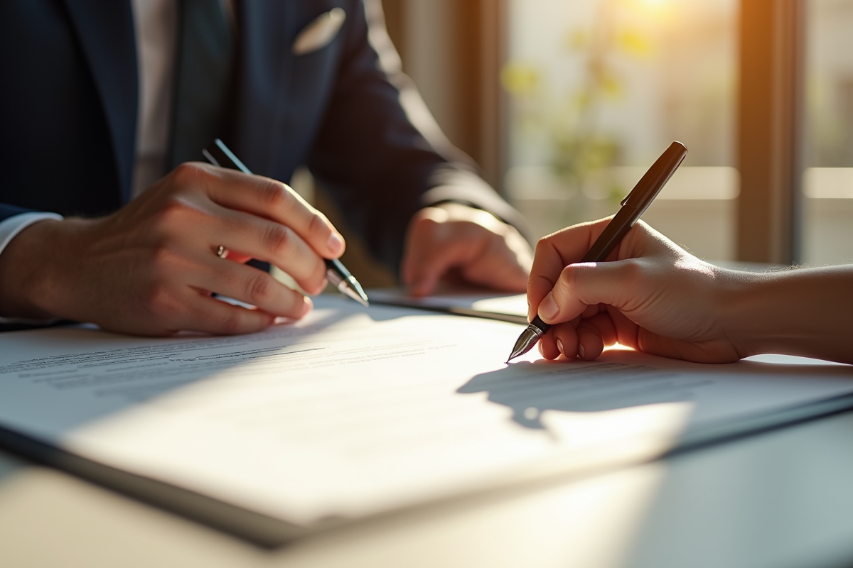 Mains signant des documents de mariage avec alliances visibles